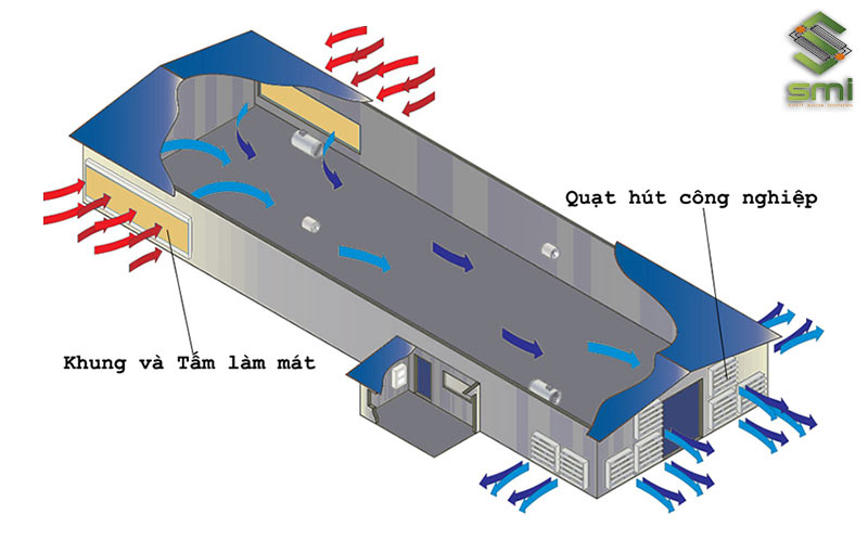 Cách bố trí tấm làm mát Cooling Pad và quạt hút theo chiều dọc của nhà xưởng